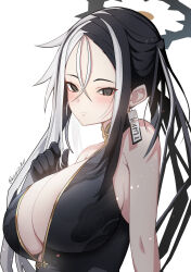 Rule 34 | 1girl, absurdres, black dress, black eyes, black gloves, black hair, blue archive, blush, breasts, china dress, chinese clothes, cleavage, dress, earrings, gloves, hair between eyes, halo, highres, jewelry, kai (blue archive), kuromiz, large breasts, long hair, looking at viewer, multicolored hair, solo, twitter username, two-tone hair, white hair