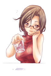 Rule 34 | 1girl, bare shoulders, blush, brown eyes, brown hair, glass, glasses, head rest, holding, ice, ice cube, kawagoe pochi, looking at viewer, meiko (vocaloid), open mouth, ribbed sweater, short hair, simple background, sleeveless, sleeveless turtleneck, solo, sweater, turtleneck, vocaloid, water