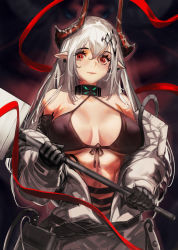 Rule 34 | arknights, bare shoulders, bikini, black background, black bikini, black gloves, black horns, breasts, closed mouth, commentary, ear piercing, english commentary, gloves, grey jumpsuit, hair ornament, hammer, highres, holding, holding hammer, holding weapon, horns, infection monitor (arknights), ja mong, jumpsuit, large breasts, light smile, long hair, looking at viewer, mudrock (arknights), mudrock (elite ii) (arknights), open jumpsuit, piercing, pointy ears, red eyes, red ribbon, ribbon, silver hair, sledgehammer, solo, swimsuit, upper body, weapon