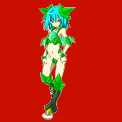 Rule 34 | 1girl, armor, black footwear, blue eyes, blue hair, blush, boots, breastplate, breasts, collarbone, creatures (company), game freak, gen 1 pokemon, green armor, hair ornament, highres, looking at viewer, armored boots, metapod, navel, nintendo, parted lips, personification, pokemon, pokemon rgby, red background, see-through, shimaumayamada, short hair, small breasts, standing, teeth, wristband