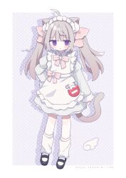 1girl ahoge animal_ear_fluff animal_ears apron black_shoes blush bow cat_day cat_ears cat_girl cat_tail collared_dress commentary dress english_text frilled_apron frills grey_dress grey_hair hair_ribbon hand_on_own_hip highres juliet_sleeves long_hair long_sleeves looking_at_viewer loose_socks maid maid_apron maid_headdress nakkar original parted_lips pink_bow pink_ribbon polka_dot polka_dot_background puffy_sleeves purple_eyes ribbon romaji_text safety_pin shoes sleeves_past_wrists socks solo sweat tail twintails very_long_hair white_apron white_socks