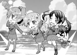 Rule 34 | &gt; &lt;, 10s, 4girls, ?, arms behind head, ascot, belt, blush, boots, bow, breath, chibi, clenched hands, closed eyes, cloud, collision, danna (tsukimisou), flying sweatdrops, greyscale, hair bow, hair ornament, hairclip, hand on own cheek, hand on own face, hand on own head, holding hands, kantai collection, kumano (kancolle), long hair, mikuma (kancolle), mogami (kancolle), monochrome, multiple girls, neckerchief, ocean, one eye closed, pleated skirt, ponytail, school uniform, serafuku, short hair, shorts, skirt, sky, smile, socks, sun, suzuya (kancolle), taka0418, tears, thighhighs, tripping, tukimisou d, twintails, wavy mouth, wink
