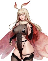 Rule 34 | 1girl, absurdres, antennae, aylisnyan, bikini, black bikini, black gloves, black thighhighs, blonde hair, breasts, bridal gauntlets, cowboy shot, elbow gloves, fur collar, gloves, grey eyes, highres, impossible clothes, large breasts, lips, long hair, looking at viewer, multicolored hair, original, pelvic curtain, red hair, skin tight, solo, swimsuit, thigh strap, thighhighs, two-tone hair, white background, wings