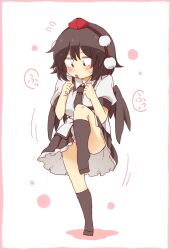 Rule 34 | 1girl, black hair, black necktie, black skirt, black socks, black wings, blush, collared shirt, colored shadow, commentary request, feathered wings, flying sweatdrops, frilled skirt, frills, full body, hair between eyes, hat, highres, knee up, kneehighs, mini hat, necktie, no shoes, panties, parted lips, pink panties, pleated skirt, red eyes, red hat, shadow, shameimaru aya, shirt, simple background, skirt, socks, solo, standing, standing on one leg, sweat, tiptoes, tokin hat, totoharu (kujirai minato), touhou, underwear, v-shaped eyebrows, white background, white shirt, wings