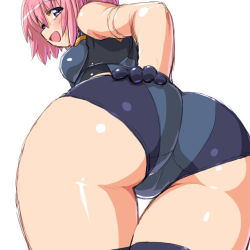 Rule 34 | 10s, 1girl, ass, ass focus, bad id, bad pixiv id, bare shoulders, bent over, busou shinki, close-up, dd (ijigendd), gloves, huge ass, looking back, open mouth, pink hair, purple eyes, simple background, smile, solo, thigh gap, thighhighs, thighs, zelnogrard