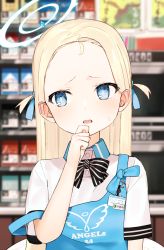 Rule 34 | 1girl, apron, black bow, black bowtie, blonde hair, blue apron, blue archive, blue eyes, blue ribbon, blurry, blurry background, blush, bow, bowtie, bright pupils, commentary request, d:, depth of field, forehead, furrowed brow, hair ribbon, halo, hand to own mouth, hand up, highres, idemitsu, indoors, long hair, looking to the side, open mouth, ribbon, shirt, short sleeves, solo, sora (blue archive), straight hair, strap slip, striped bow, striped bowtie, striped clothes, striped neckwear, sweat, two side up, upper body, white shirt
