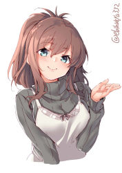Rule 34 | 1girl, alternate costume, apron, aqua eyes, blush, breast press, breasts, brown hair, casual, cropped torso, ebifurya, grey sweater, hair between eyes, hair over shoulder, head tilt, high ponytail, highres, kantai collection, large breasts, long hair, long sleeves, ribbed sweater, saratoga (kancolle), side ponytail, sidelocks, simple background, smile, solo, sweater, turtleneck, turtleneck sweater, twitter username, upper body, white background