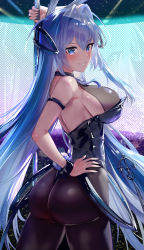Rule 34 | 1girl, anchor ornament, animal ears, ass, azur lane, bare shoulders, black leotard, blue eyes, blue hair, blush, breasts, cleavage, fake animal ears, highleg, highleg leotard, highres, large breasts, leotard, long hair, looking at viewer, new jersey (azur lane), new jersey (exhilarating steps!) (azur lane), official alternate costume, pantyhose, playboy bunny, pole, rabbit ears, rabbit tail, see-through, see-through cleavage, smile, solo, stripper pole, tail, thighs, uenoryoma