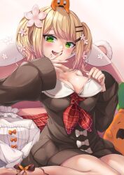 Rule 34 | 1girl, absurdres, blonde hair, breasts, brown cardigan, cardigan, cleavage, commentary request, covering own mouth, dincat, fang, flashing, flower, green eyes, hair flower, hair ornament, hairclip, hand over own mouth, highres, hololive, large breasts, looking at viewer, medium hair, momosuzu nene, momosuzu nene (casual), naked cardigan, neckerchief, nekko (momosuzu nene), no bra, no pants, official alternate costume, official alternate hair length, official alternate hairstyle, ojou-sama pose, on bed, open cardigan, open clothes, red neckerchief, sailor collar, single bare shoulder, sitting, skirt, smug, solo, twintails, undressing, unworn shirt, unworn skirt, virtual youtuber, wariza, white sailor collar
