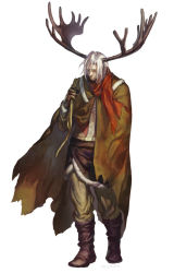 Rule 34 | 1boy, antlers, beard, boots, cape, facial hair, full body, horns, male focus, mullmull02, original, scarf, simple background, solo, twitter username, white background, white hair