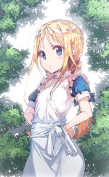 Rule 34 | 1girl, alice zuberg, apron, blonde hair, blue eyes, blue shirt, blush, closed mouth, commentary request, frilled apron, frills, hairband, hands on own hips, highres, long hair, maid apron, newey, parted bangs, puffy short sleeves, puffy sleeves, shirt, short sleeves, sidelocks, solo, sword art online, very long hair, white apron, white hairband
