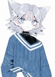 Rule 34 | ambiguous gender, animal ear fluff, animal ears, bad id, bad twitter id, black shirt, blue eyes, blue sweater, cat ears, grey hair, long sleeves, looking at viewer, maymay pic, original, shirt, short hair, simple background, solo, sweater, upper body, v-neck