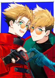 Rule 34 | 2boys, :d, artist name, black gloves, black shirt, blonde hair, blue background, border, buttons, closed mouth, coat, collared coat, commentary, dual persona, earrings, eyelashes, glasses, gloves, green eyes, hair between eyes, hand up, heart, heart hands, heart hands duo, high collar, highres, jewelry, long sleeves, looking at viewer, male focus, mole, mole under eye, multiple boys, open clothes, open coat, open mouth, orange-tinted eyewear, outside border, partially fingerless gloves, prosthesis, prosthetic arm, red coat, round eyewear, shirt, short hair, simple background, single earring, smile, spiked hair, teeth, tinted eyewear, trigun, trigun stampede, turtleneck, twitter username, undercut, upper body, upper teeth only, vash the stampede, white border, yasuda (info yasuda), zipper
