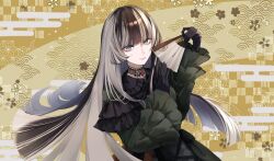 Rule 34 | 1girl, asymmetrical dress, black gloves, black hair, blue eyes, blunt bangs, choker, closed mouth, commentary, dress, gloves, gothic lolita, green dress, grey hair, hand fan, highres, holding, holding fan, hololive, hololive dev is, juufuutei raden, lace, lace choker, lolita fashion, long hair, long sleeves, looking at viewer, multicolored hair, paper fan, solo, two-tone hair, upper body, virtual youtuber, wide sleeves, y (user kjgm5733)