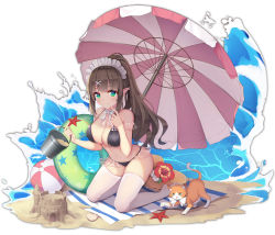 Rule 34 | 1girl, absurdres, ascot, bare shoulders, beach, beach towel, beach umbrella, bikini, black bikini, blunt bangs, blush, bow, breasts, brown hair, bucket, cat, cleavage, closed mouth, commentary request, earrings, elf, finger to own chin, flower, frills, full body, green eyes, hair ornament, hairclip, hat, hat flower, hibiscus, highres, holding, holding bucket, innertube, jewelry, kneeling, large breasts, long hair, looking at viewer, maid headdress, original, pointy ears, red flower, sand, sand castle, sand sculpture, seashell, shell, sidelocks, smile, solo, starfish, straw hat, swim ring, swimsuit, thighhighs, towel, translucent, umbrella, very long hair, viola1587, water, white bow, white thighhighs, x hair ornament