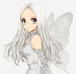 Rule 34 | 1girl, bad id, bad pixiv id, bare shoulders, breasts, detached sleeves, dress, grey eyes, long hair, long sleeves, looking at viewer, medium breasts, misteor, original, solo, upper body, white background, white hair, wings