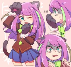 Rule 34 | 10s, 1girl, ;), ;3, animal ears, animal hands, aqua eyes, blazer, blue skirt, cat ears, covering own mouth, expressions, eyebrows, facial mark, fang, fur trim, gloves, hashimoto nyaa, heart, jacket, long hair, multicolored hair, noruberusu, one eye closed, osomatsu-san, paw gloves, pink background, pink hair, ribbon, scared, school uniform, shaded face, simple background, skirt, smile, solo, streaked hair, tail, tearing up, whisker markings