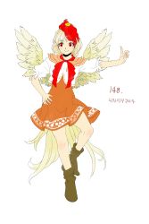 Rule 34 | 1girl, absurdres, animal, animal on head, bird, bird on head, bird tail, bird wings, blonde hair, boots, brown footwear, chick, chicken, closed mouth, commentary request, derivative work, dress, feathered wings, full body, hand on own hip, happy, highres, korean commentary, kuya (hey36253625), multicolored hair, niwatari kutaka, on head, orange dress, puffy short sleeves, puffy sleeves, red eyes, red hair, red ribbon, ribbon, shirt, short hair, short sleeves, simple background, smile, tail, touhou, translation request, two-tone hair, white background, white shirt, wily beast and weakest creature, wings, yellow tail, yellow wings