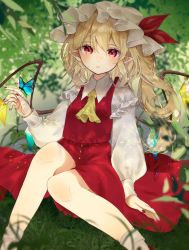 Rule 34 | 1girl, arm at side, ascot, blonde hair, blurry, blush, bobby socks, bug, butterfly, butterfly on hand, commentary request, crystal, dappled sunlight, depth of field, feet out of frame, flandre scarlet, frills, grass, hat, hat ribbon, highres, insect, jpeg artifacts, knees together feet apart, long hair, long sleeves, looking at viewer, mob cap, nail polish, on grass, one side up, parted lips, pointy ears, red eyes, red nails, red ribbon, red skirt, red vest, ribbon, shirt, sitting, skirt, skirt set, socks, solo, sunlight, touhou, vest, white shirt, white socks, wings, yedan999, yellow ascot