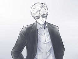 Rule 34 | 1boy, closed mouth, collared shirt, csi, csi miami, doku hebi, formal, grey background, greyscale, head tilt, horatio caine, jacket, long sleeves, male focus, monochrome, open clothes, open jacket, shirt, short hair, simple background, smile, solo, suit, sunglasses, swept bangs, upper body, wing collar