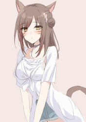 Rule 34 | 1girl, animal ears, brown background, brown eyes, brown hair, cat ears, cat girl, cat tail, closed mouth, collarbone, dress, final fantasy, final fantasy xiv, grey shorts, hair bun, highres, kinona, long hair, looking at viewer, miqo&#039;te, parted bangs, short shorts, short sleeves, shorts, simple background, single side bun, solo, tail, white dress