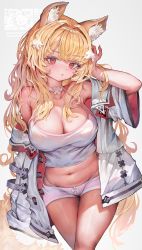 Rule 34 | 1girl, animal ear fluff, animal ears, bare shoulders, blonde hair, breasts, choker, cleavage, collarbone, gradient background, grey background, jacket, large breasts, long hair, looking at viewer, midriff, navel, open clothes, open jacket, original, short shorts, shorts, solo, standing, tail, thighs, voruvoru, white choker, white jacket, white shorts