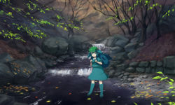 Rule 34 | 1girl, backpack, bad id, bad pixiv id, bag, blue eyes, blue hair, boots, branch, dress, dress shirt, forest, green hat, hair bobbles, hair ornament, hat, highres, kawashiro nitori, key, knee boots, leaf, matching hair/eyes, mountain, nature, open mouth, partially submerged, pebble, plant, puffy short sleeves, puffy sleeves, river, rock, rubber boots, sasaj, scenery, shirt, short hair, short sleeves, skirt, skirt set, soaking feet, solo, standing, stone, stream, touhou, twintails, two side up, wading, water, white shirt