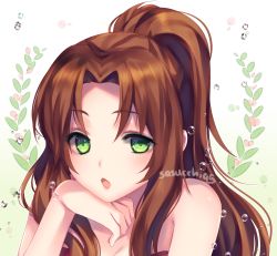 Rule 34 | 1girl, artist name, bare shoulders, breasts, brown hair, cleavage, collarbone, commission, dress, green eyes, hair intakes, hand on own chin, hand up, head rest, highres, long hair, looking at viewer, medium breasts, open mouth, original, ponytail, red dress, sasucchi95, solo, strapless, strapless dress, symbol-shaped pupils, upper body, water drop