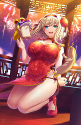 Rule 34 | 1girl, :d, bare arms, bare shoulders, blonde hair, blue eyes, breasts, bun cover, china dress, chinese clothes, cleavage cutout, clothing cutout, creature, double bun, dress, fireworks, groin, hair bun, hair intakes, hairband, highres, large breasts, medium hair, no panties, open mouth, original, red dress, red hairband, side slit, smile, solo, squatting, suzuki nene, thighs, yuru-chara