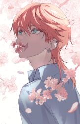 Rule 34 | 1boy, bad id, bad twitter id, blue eyes, blue shirt, blue sleeves, cherry blossoms, clqndb 27, collared shirt, colored eyelashes, commentary request, diamond facial mark, ear piercing, earrings, flower, flower in mouth, highres, hoop earrings, jewelry, korean commentary, long hair, looking up, male focus, multiple piercings, parted lips, petals, piercing, pink flower, pink hair, sanzu haruchiyo, shirt, simple background, solo, tokyo revengers, tree, upper body, white background, wolf cut
