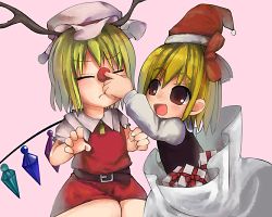 Rule 34 | 2girls, :d, bad id, bad pixiv id, blonde hair, christmas, embodiment of scarlet devil, closed eyes, fangs, female focus, flandre scarlet, gift, hat, in container, lowres, multiple girls, open mouth, red eyes, red nose, rumia, rune (solitonbeam), sack, santa hat, short hair, smile, touhou, wince, wings