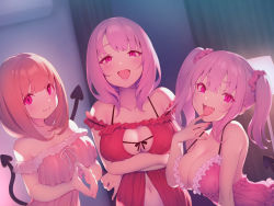 Rule 34 | 3girls, :d, babydoll, bare arms, bare shoulders, black ribbon, blunt bangs, blush, breasts, cleavage, closed mouth, collarbone, commentary request, copyright request, crossed arms, demon girl, demon tail, dress, fangs, finger to mouth, frilled dress, frills, indoors, lamp, large breasts, leaning forward, looking at viewer, multiple girls, navel, off-shoulder dress, off shoulder, official art, open mouth, orange hair, own hands together, pink dress, pink eyes, pink hair, pokachu, ribbon, short hair, sidelocks, slit pupils, smile, strap gap, tail, twintails, v-shaped eyebrows, white ribbon