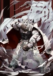 Rule 34 | 1boy, animal ears, arknights, bara, black tank top, chain, chain necklace, dust, facial hair, fighting stance, full body, furry, furry male, highres, jewelry, light particles, male focus, mountain (arknights), muscular, muscular male, nakan, necklace, pants, pectorals, scar, scar across eye, scar on face, short hair, sideburns, solo, stubble, tank top, tiger boy, tiger ears, tiger stripes, white fur, white pants, wiping face