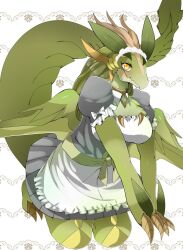 Rule 34 | 1girl, animal feet, animal hands, apron, black dress, blush, breasts, brooch, claws, closed mouth, colored skin, dragon girl, dragonmaid lorpar, dress, female focus, frilled apron, frills, full body, furry, furry female, gem, green gemstone, green hair, green skin, green wings, highres, jewelry, kneeling, lizard tail, long hair, looking at viewer, maid, maid headdress, medium breasts, orange eyes, own hands together, puffy short sleeves, puffy sleeves, ryuuichirou (dragonryuusuki), sash, short dress, short sleeves, solo, tail, v arms, waist apron, white apron, white background, wings, yu-gi-oh!
