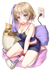 Rule 34 | 1girl, absurdres, azur lane, bare shoulders, blue eyes, blush, breasts, classic (zildjian33), cleavage, crop top, cross, hair dryer, highres, iron cross, large breasts, light brown hair, looking at viewer, mouth hold, short hair, short shorts, shorts, simple background, solo, towel, white background, z23 (azur lane), z23 (keeper of the comf-fort) (azur lane)