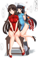 Rule 34 | 10s, 2girls, :o, ;), alternate costume, bare legs, black footwear, black hair, blush, breasts, brown eyes, chair, china dress, chinese clothes, covered navel, dress, embarrassed, female admiral (kancolle), firecrackers, flat chest, flower, hair flower, hair ornament, hat, heart, high heels, highres, hime cut, hiyou (kancolle), holding, hug, huge breasts, kantai collection, knees together feet apart, large breasts, legs, light blue dress, long hair, looking at another, minase (takaoka nanase), multiple girls, neck, no eyewear, no panties, one eye closed, red dress, red eyes, red footwear, ribbon, scroll, shadow, shoes, short sleeves, shy, side slit, sidelocks, sitting, smile, spoken heart, standing, standing on one leg, translation request, v-neck, v arms, wink, yuri