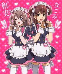 Rule 34 | 2girls, akiba maid sensou, animal ears, apron, brown hair, crossover, delicious party precure, heart, heart hands, heart print, japanese text, long hair, maid, maid apron, multiple girls, nagomi yui, name connection, one eye closed, open mouth, pig ears, precure, purple eyes, thighhighs, twintails, wahira nagomi, white thighhighs, wink, yellow eyes