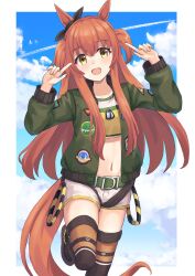 Rule 34 | 1girl, absurdres, animal ears, belt, black footwear, black jacket, black thighhighs, blush, border, career inada, commentary, contrail, crop top, feet out of frame, grey belt, hair between eyes, highres, horse ears, horse girl, jacket, long hair, long sleeves, looking at viewer, mayano top gun (umamusume), midriff, navel, one eye closed, one side up, open mouth, orange hair, orange tail, outside border, pointing, pointing at self, shirt, shoes, short shorts, shorts, smile, solo, standing, standing on one leg, stomach, tail, thighhighs, thighs, umamusume, very long hair, white border, white shorts, yellow eyes, yellow shirt