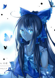 Rule 34 | 1girl, 2016, alternate color, bare shoulders, bing qiong, black hair, blue ribbon, blue theme, bow, bubble, bug, butterfly, collarbone, dated, detached sleeves, eyebrows, glowing, glowing eyes, hair bow, hair tubes, hakurei reimu, insect, long hair, long sleeves, looking at viewer, monochrome, monochrome background, navel, parted lips, player 2, ribbon, shirt, sidelocks, solo, touhou, upper body, very long hair