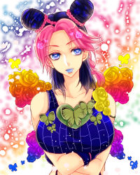 Rule 34 | 1girl, bad id, bad pixiv id, blue eyes, blue hair, blue lips, braid, breast hold, breasts, bug, butterfly, crossed arms, double bun, flower, bug, jojo no kimyou na bouken, kuujou jolyne, large breasts, lipstick, makeup, matching hair/eyes, multicolored hair, pink hair, rose, solo, symbol-shaped pupils, terimayo (sonnne farbe), two-tone hair