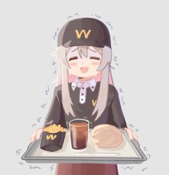 Rule 34 | 1girl, ^ ^, alternate costume, black headwear, black shirt, blush stickers, brown skirt, closed eyes, commentary, cup, dot nose, drinking glass, employee uniform, facing viewer, food, french fries, grey background, grey hair, gustavo schuler, hair between eyes, highres, holding, holding tray, long hair, long sleeves, nervous, onii-chan wa oshimai!, oyama mahiro, shirt, sidelocks, simple background, skirt, solo, sweat, nervous sweating, tray, trembling, uniform, upper body, wcdonald&#039;s, wing collar