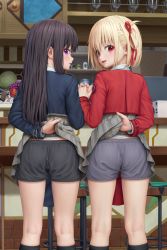Rule 34 | 2girls, :d, aki99, arm behind back, ass, bar (place), black hair, black shirt, black shorts, black socks, blonde hair, blush, clothes lift, female focus, from behind, grey shorts, grey skirt, hair ribbon, highres, holding hands, indoors, inoue takina, interlocked fingers, kneehighs, kneepits, lifting own clothes, long hair, long sleeves, looking at viewer, looking back, lycoris recoil, multiple girls, nishikigi chisato, open mouth, purple eyes, red eyes, red ribbon, red shirt, ribbon, shirt, short hair, shorts, shorts under skirt, skirt, skirt lift, smile, socks, standing, stool