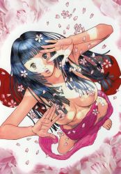 Rule 34 | 1girl, :o, barefoot, black hair, breasts, brown eyes, cherry blossoms, feet, from above, highres, large breasts, lips, long hair, original, petals, ringed eyes, solo, topless, yasuda akira