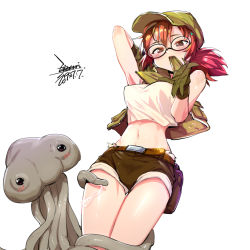 Rule 34 | 1girl, alien, arm up, artist name, baseball cap, belt, blush, breasts, brown eyes, brown hair, chinese commentary, commentary request, crop top, crop top overhang, dated, ejami, fio germi, glasses, green headwear, green shorts, green vest, hat, mars people, medium breasts, metal slug, midriff, military, navel, ponytail, shirt, short shorts, shorts, signature, standing, tank top, tentacles, thighs, vest, white background, white shirt