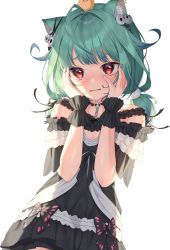Rule 34 | 1girl, absurdres, ahoge, animal, animal ear fluff, animal ears, animal on head, bad id, bad pixiv id, bird, bird on head, black choker, black dress, blush, cat ears, chick, choker, commentary request, dress, green hair, hair ornament, hands on own face, hands up, harusame (user wawj5773), highres, hololive, huge filesize, long hair, looking at viewer, noise, off-shoulder dress, off shoulder, on head, parted lips, piyoko (uruha rushia), red eyes, short sleeves, simple background, skull hair ornament, solo, twintails, upper body, uruha rushia, uruha rushia (3rd costume), virtual youtuber, white background, wrist cuffs