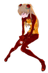 Rule 34 | 00s, 1girl, bad id, bad pixiv id, bodysuit, brown hair, doll, evangelion: 2.0 you can (not) advance, female focus, full body, long hair, multicolored clothes, neon genesis evangelion, plugsuit, profile, rebuild of evangelion, sappitsu, simple background, solo, souryuu asuka langley, test plugsuit, white background
