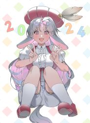 Rule 34 | 1girl, 2024, absurdres, animal ears, character request, check copyright, colored inner hair, copyright request, cross-shaped pupils, frilled shirt, frills, grey hair, grey tail, headwear request, highres, horns, long hair, multicolored hair, open mouth, pink eyes, pink hair, red footwear, red headwear, shirt, short sleeves, shorts, single horn, socks, solo, symbol-shaped pupils, trickcal, unicorn girl, v, very long hair, white shirt, white shorts, white socks, yongsadragon
