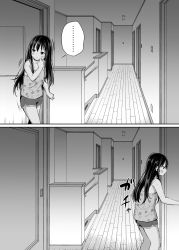 Rule 34 | ..., 1girl, absurdres, airandou, camisole, comic, door, greyscale, hallway, highres, long hair, looking to the side, monochrome, opening door, original, shorts, silent comic, sleeveless, solo, spoken ellipsis