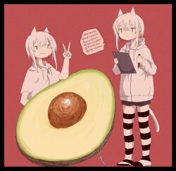Rule 34 | 2girls, animal ears, ashi izumo, avocado, black thighhighs, cat ears, cat girl, cat tail, clipboard, closed mouth, double-parted bangs, drawstring, full body, hand up, hands up, highres, holding, holding clipboard, holding pencil, hood, hood down, hoodie, izumo (ashi izumo), jitome, long sleeves, multiple girls, no shoes, original, oversized food, oversized object, pencil, red background, short hair, short hair with long locks, short sleeves, shorts, sidelocks, simple background, speech bubble, standing, tail, thighhighs, two-tone thighhighs, v, white hair, white tail, white thighhighs, zipper, | |