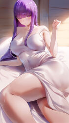 Rule 34 | 1girl, absurdres, bare shoulders, blunt bangs, blush, breasts, cleavage, collarbone, covered navel, dress, fern (sousou no frieren), highres, large breasts, long hair, looking at viewer, open mouth, purple eyes, purple hair, rororo, sidelocks, solo, sousou no frieren, thighs, white dress